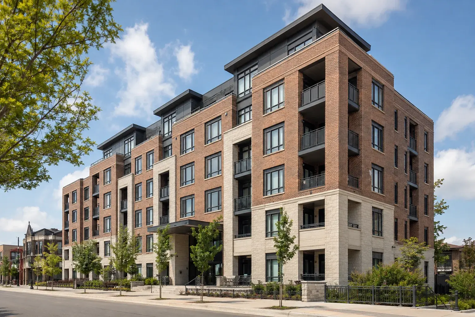 Contemporary mid-rise rental building in an Ontario neighbourhood.
