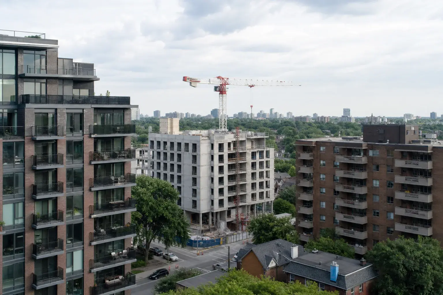 Completed, transitional, and established Ontario rental buildings representing different financing routes.