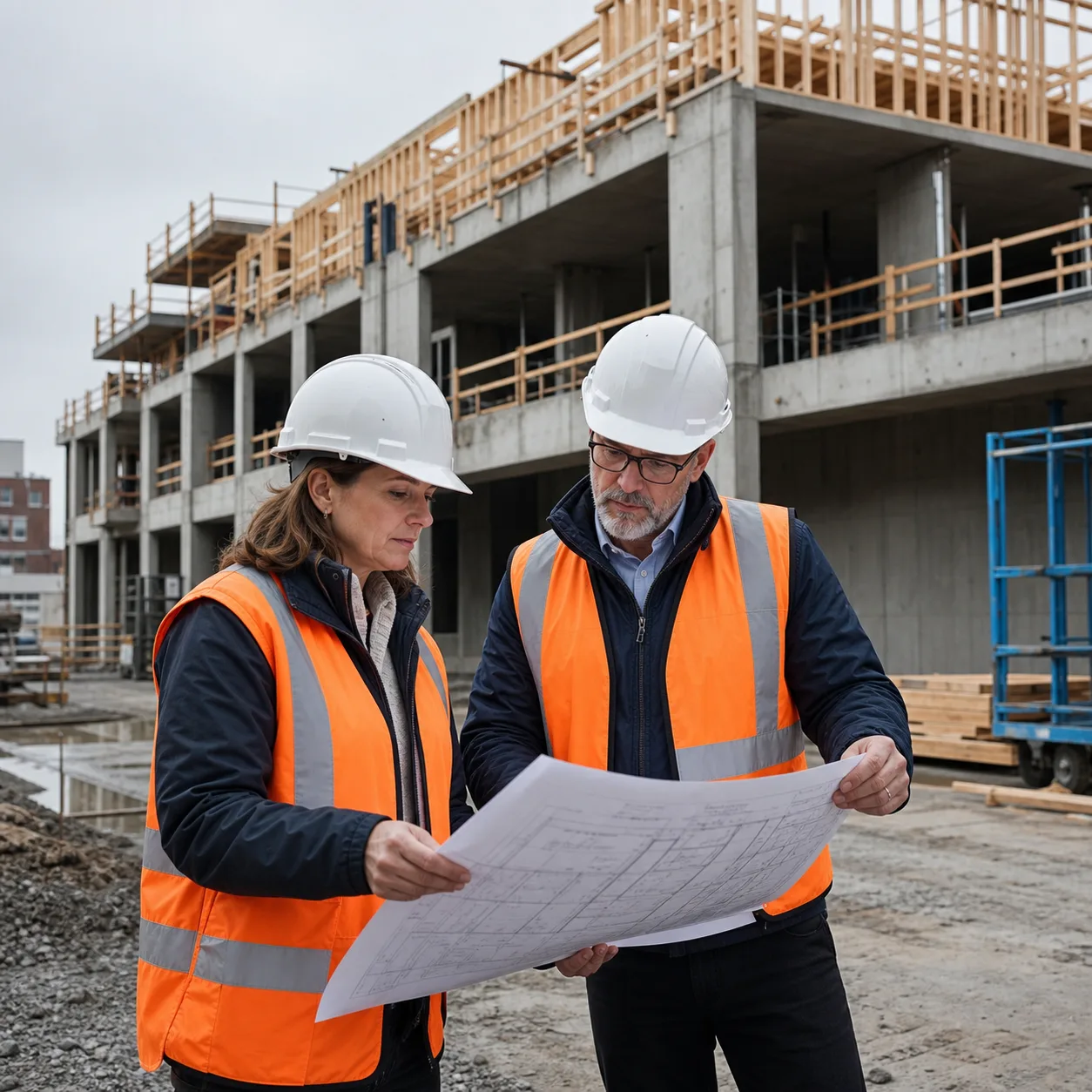 Two development principals reviewing plans at an active mid-rise construction site.