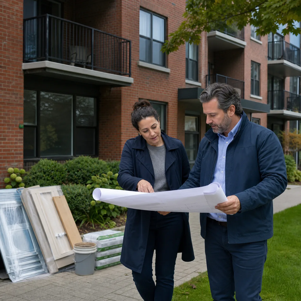 Two multifamily owners reviewing renovation plans outside an Ontario apartment building.