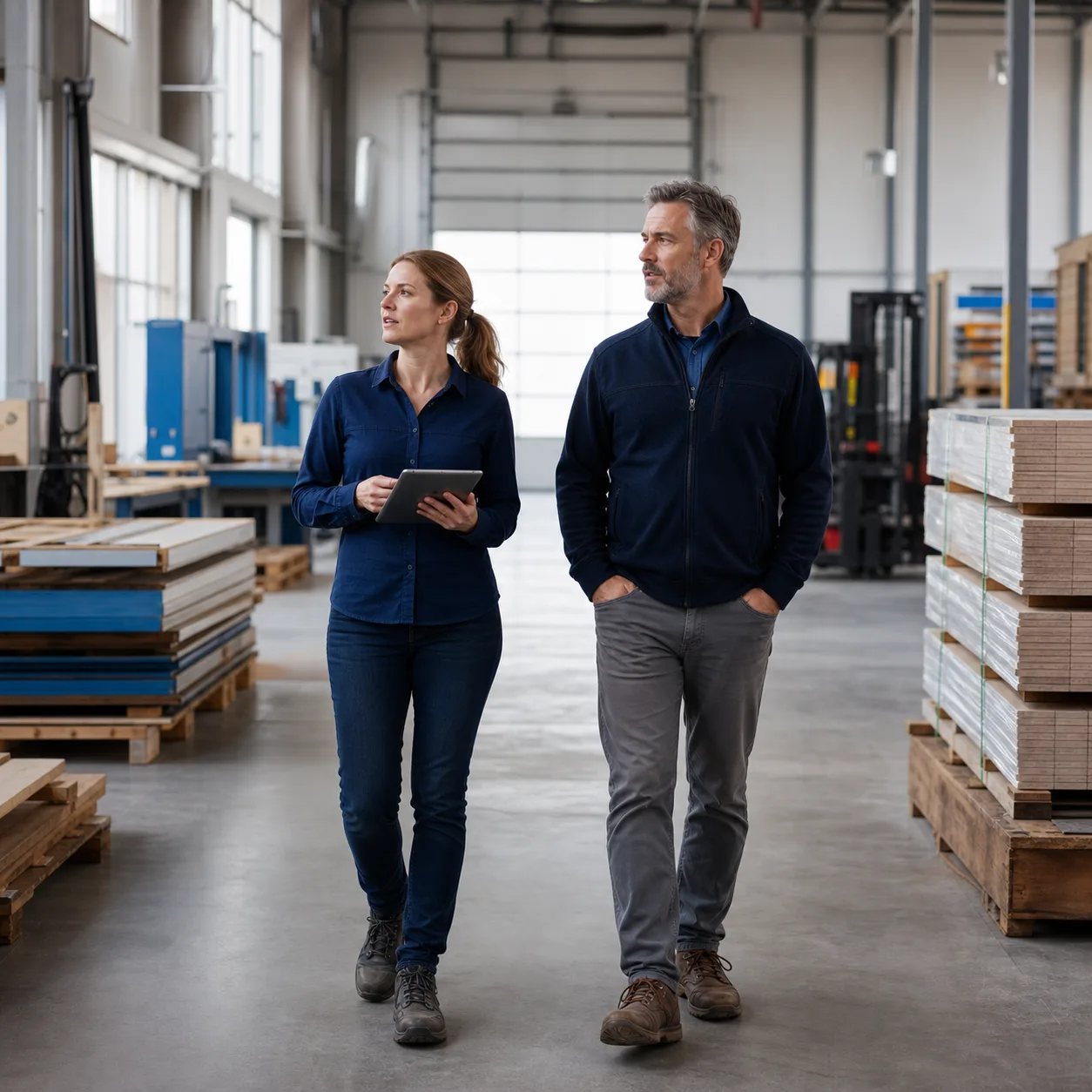 Two established business owners assessing the industrial facility occupied by their company.