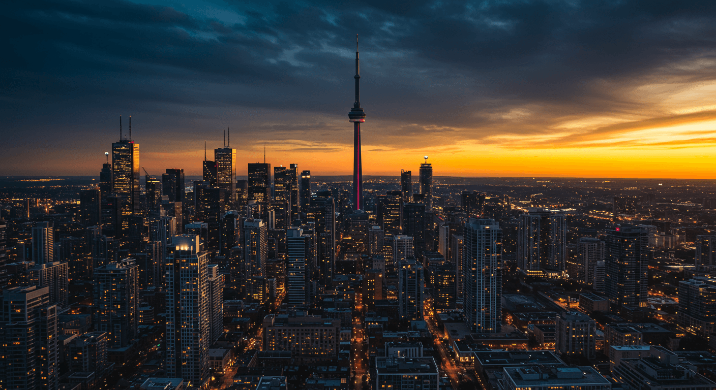Toronto skyline at dusk representing large Ontario rental and development financing decisions.