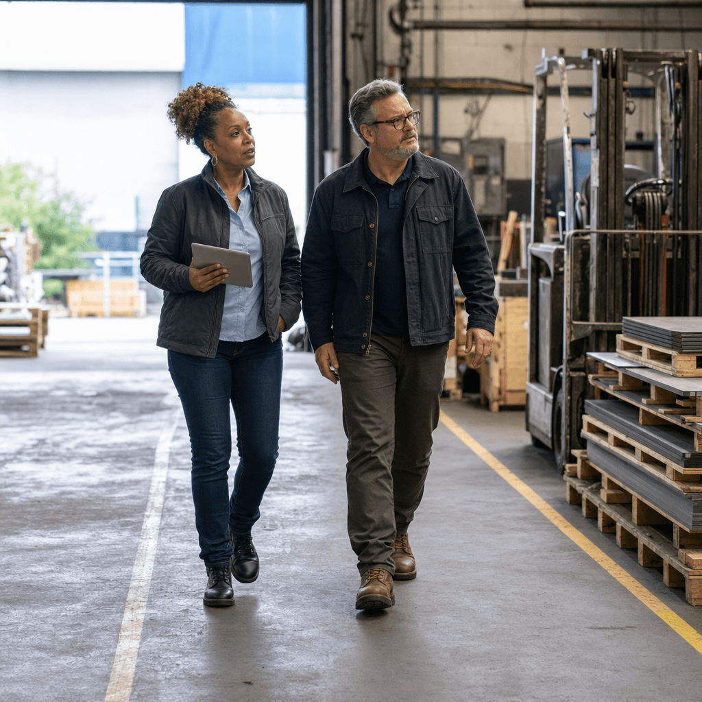 Illustrative scene of two professionals reviewing an industrial property