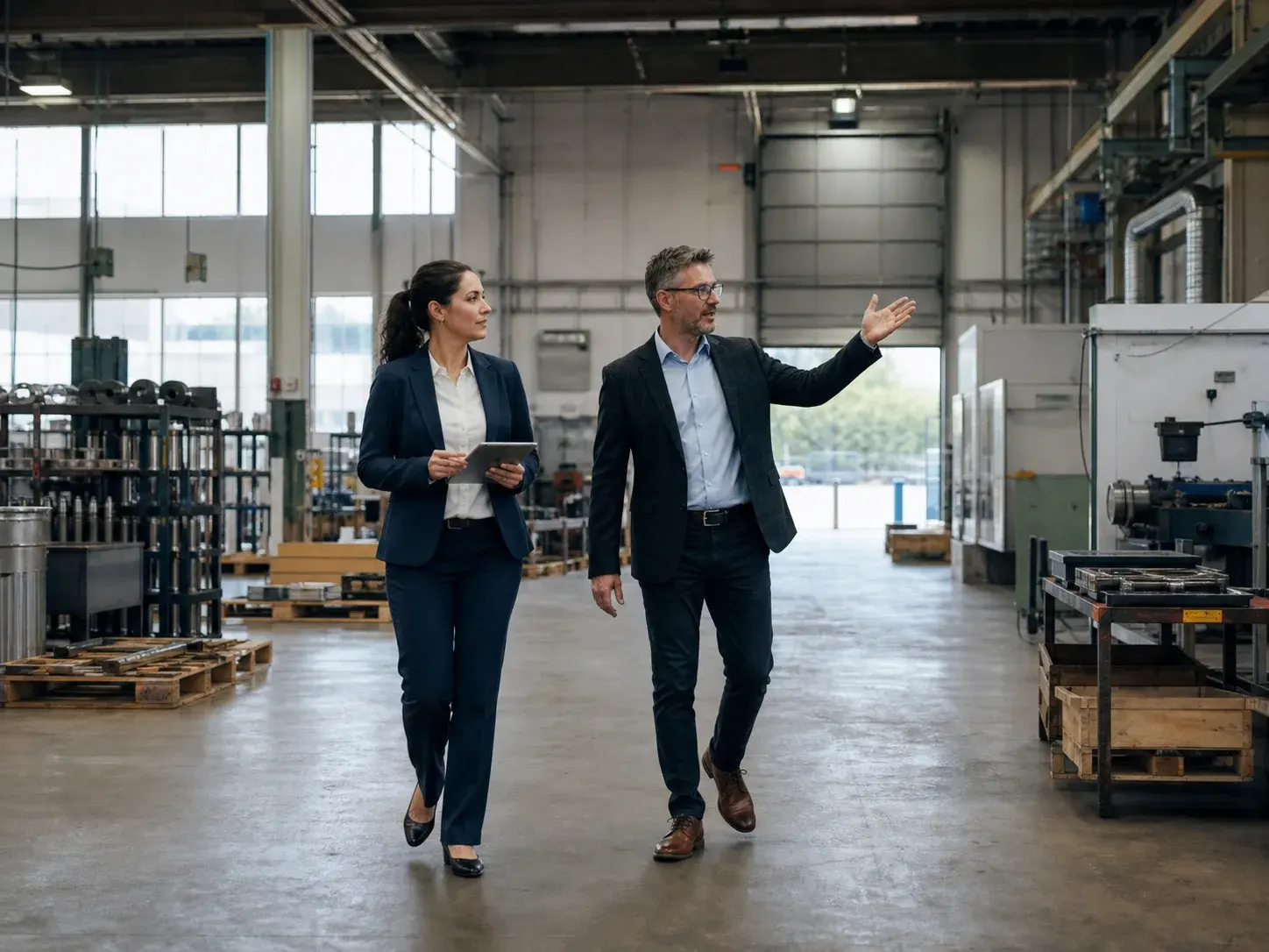 Business owners reviewing a light-industrial commercial property with an advisor