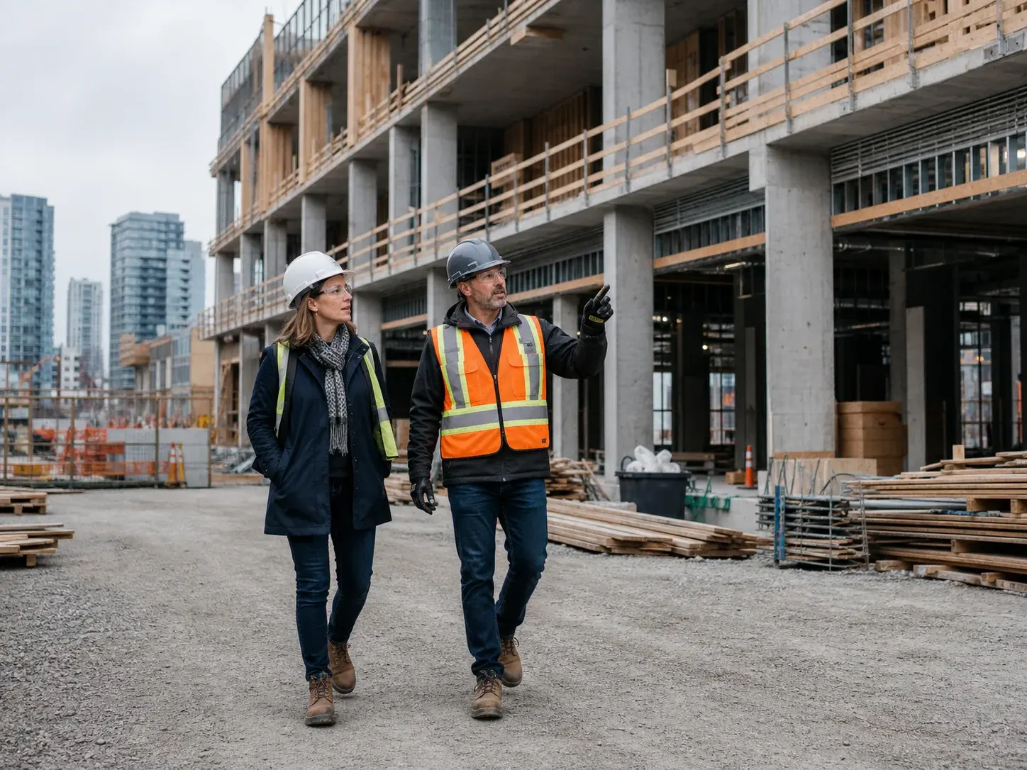 A property developer and construction manager walking through a mid-rise construction site.